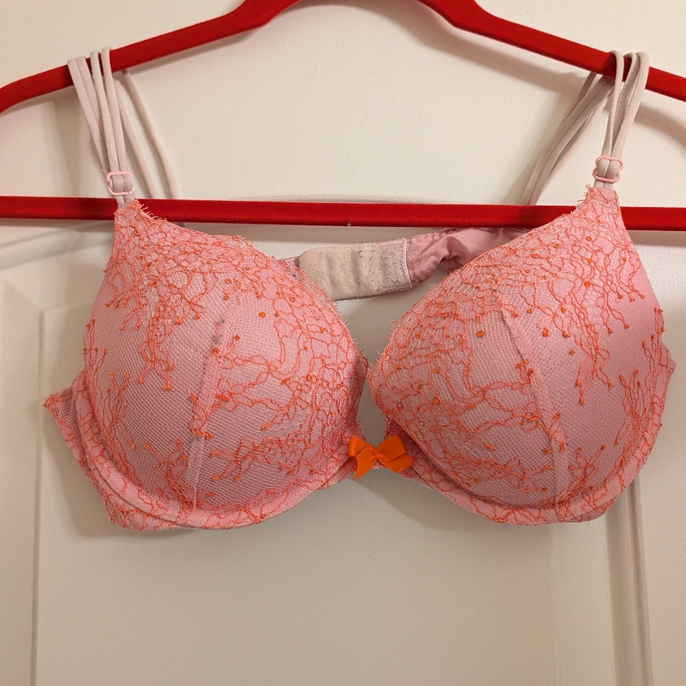 Victoria's Secret Very Sexy Pink Lace Push-Up Bra with Pink-Orange Accents 36B